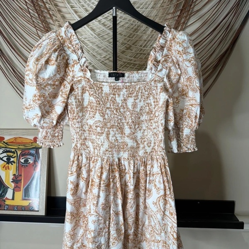 Smocked Puff-Sleeve Midi Dress in Cream & Tan